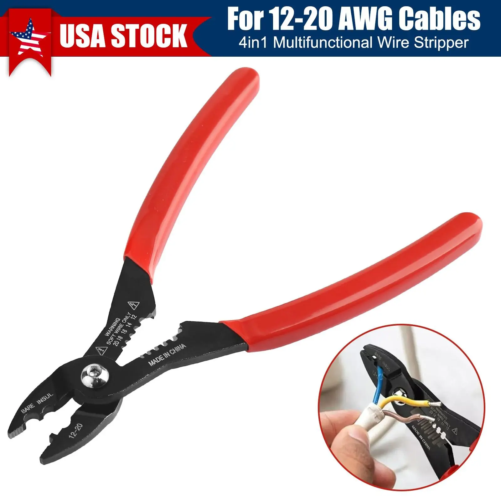 Ergonomic Alloy Steel 7-in-1 Wire Stripper Tool - Crimper, Cutter, Gripper, Puller, Twister, Self-Adjusting for 12-20 AWG Insulated Wires, 6.9x2.17in Heavy-Duty with Premium Durability for Marine Electrical Repair