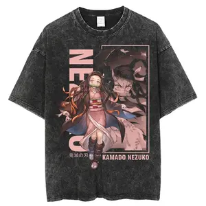 valentine shirts  Harajuku Anime Demon Slayer Nezuko Vintage Washed Graphic T Shirt Men Women Cotton Short Sleeve 1Tee Casual Tops Y2k Streetwear
