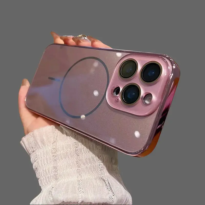 High-End Women's Electroplated Frame AG Matte Thin Ring Magnetic Phone Case - Glass Back, Anti-Drop Shockproof Protection, Casing with Lens Screen Protector for iPhone 17 Pro Max/Air, 16 Pro Max, 15/14/13/12, Nordic Customized Mobile Phone Accessories,