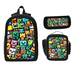 Green Pixel Monster Design Printed Backpack Three Piece Set Including (Single-Layer Backpack + Shoulder Strap Lunch Bag + Single-Layer Pencil Bag) Large Capacity Street Style Summer Back to School Gift Set for Students Daily Use Travel School