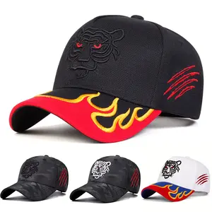 Unisex Brim Flame Tiger Embroidered Baseball Cap Outdoor Adjustable Sunscreen Leisure Hat Travel Tourism Beach Vacation