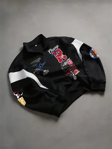 Men's Y2K Racing Jacket Streetwear - Cyberpunk Cyber Grunge Moto Bomber with Gothic Graphic Patches, Oversized Hip Hop Windbreaker for Night City Outfits & Underground Rave Style.