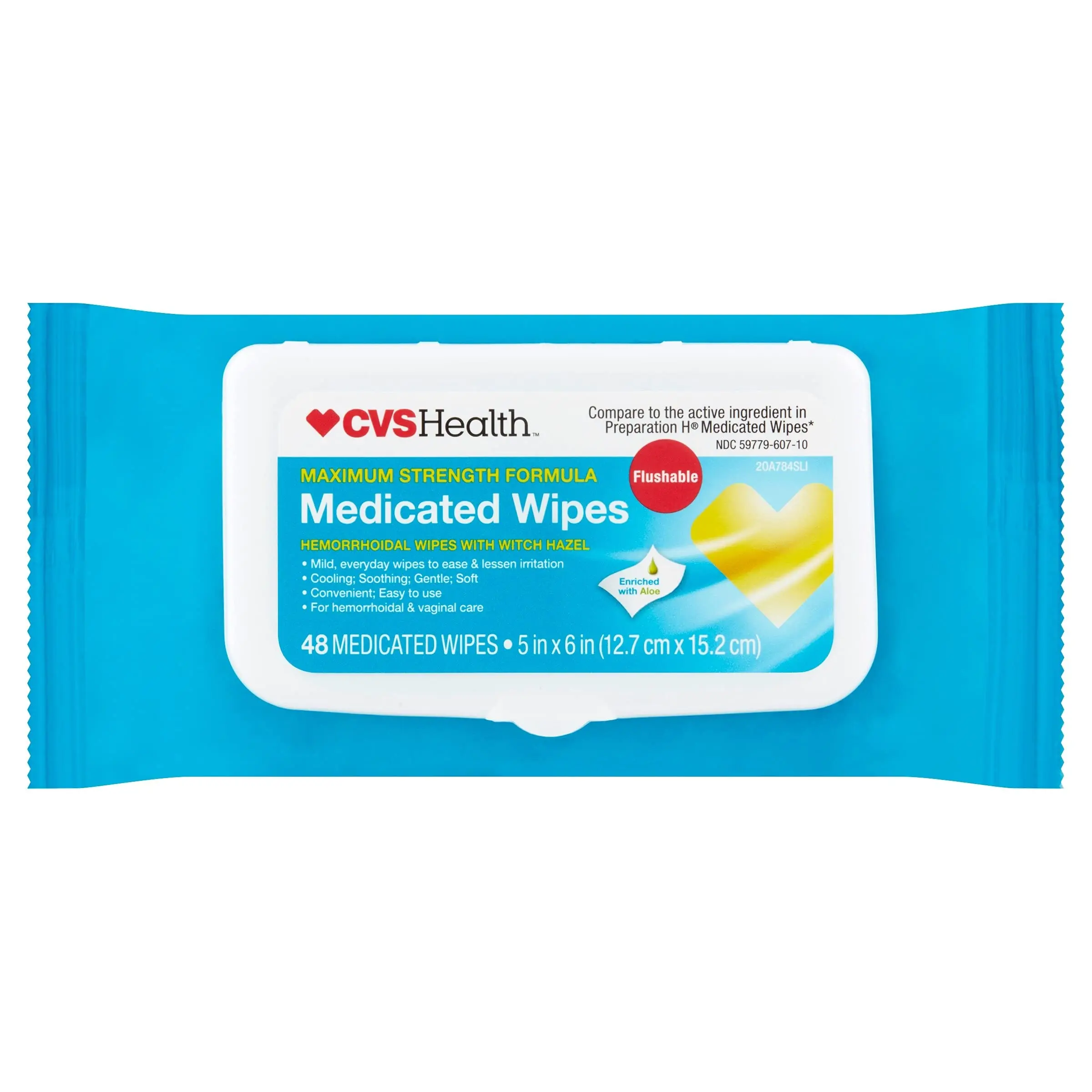 Medicated Hemorrhoidal Wipes for Adult Hemorrhoid Care - Witch Hazel, Soothing, Aloe Enriched, 48 Count, Soft Gentle Cooling, Advanced Flushable Technology, 5x6 in, Convenient, Easy To Use, Hemorrhoidal Patients