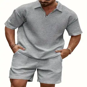 Kyn Apparel Summer New Men's Casual Trend Waffle Solid Color Lapel Short Sleeved Shorts Sports Suit
