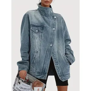 Women’s Loose Fit Denim Jacket – Asymmetrical diagonal button design with multiple pockets | Long-sleeve vintage blue denim jacket, suitable for street fashion womenswear coats
