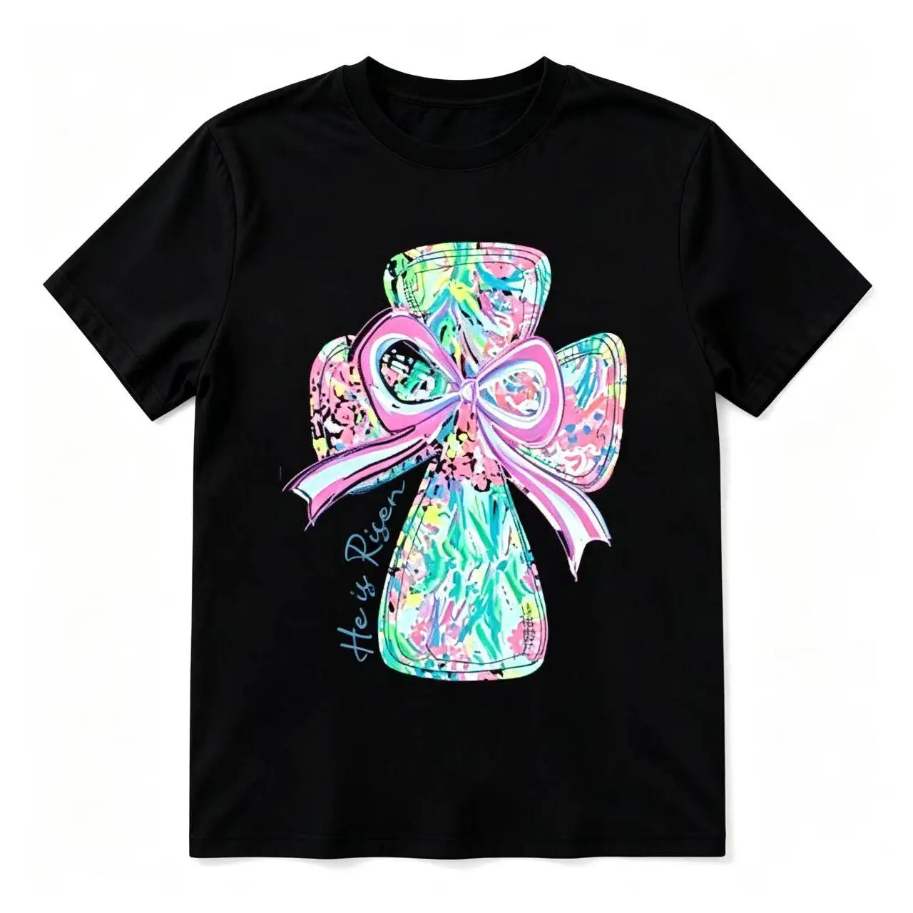 He Is Risen Pastel Watercolor Cross Pink Bow Christian Easter Black Crew Neck Faith Graphic T-Shirt (No Box Included)