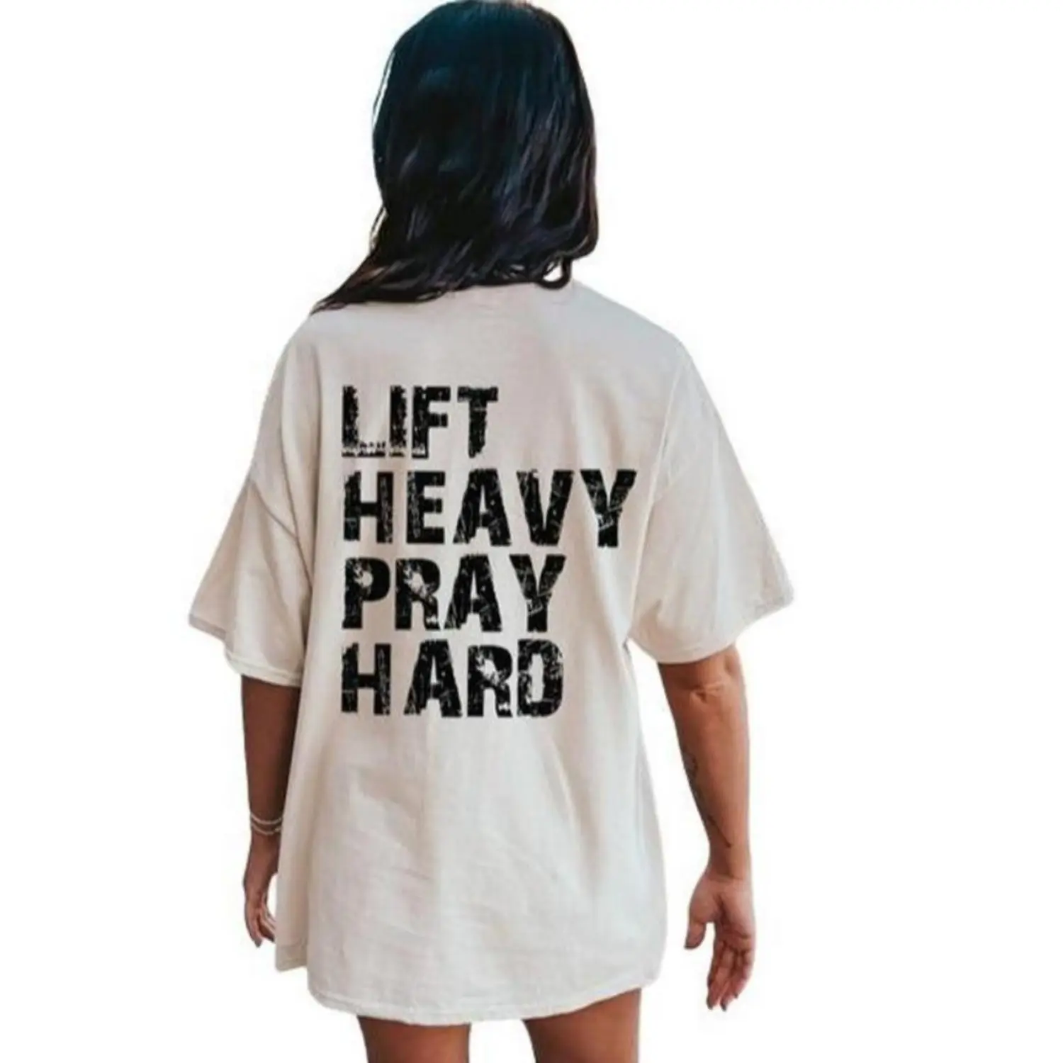 Heavy Lift Pray Hard T-shirt with Christian Graphic Print, Lady's Relaxed Fit Tee in Soft Breathable Fabric, Long-Lasting, Casual, Round Neck, Streetwear, Crew Neck, Christian Print, Short Sleeve, All Seasons, Tops, Slim-Fit, Short Sleeves