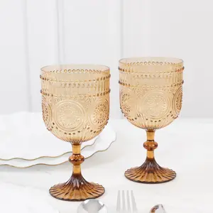 12 Pack Plastic Wine Goblets, 15oz Reusable Shatterproof Amber Gold Vintage Drinkware – Embossed Floral Pattern Decorative Cups