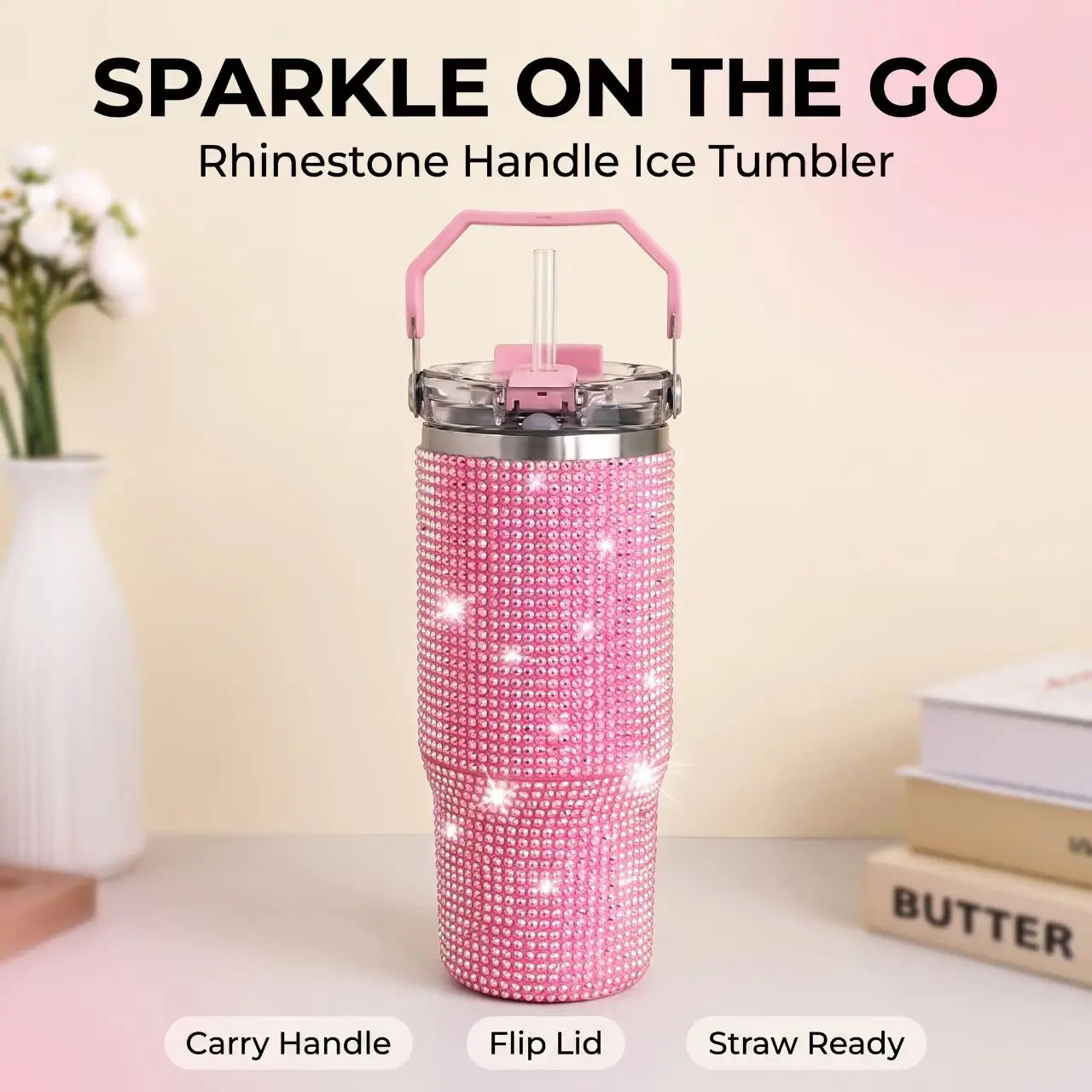 30oz Bling Rhinestone Tumbler with Top Handle and Lid, Glitter Water Bottle | Insulated Leakproof Stainless Steel Water Bottle Diamond Glitter Travel Tumbler - Birthday Gifts for Women, Mom, Girl (Pink)