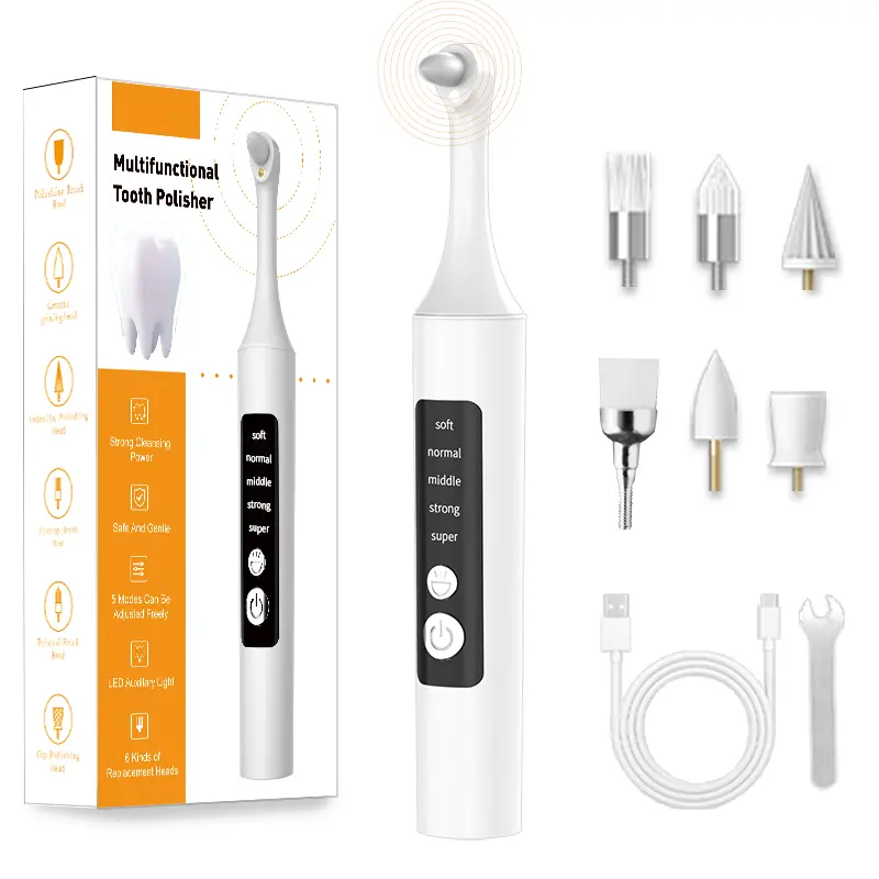 Electric Tooth Polisher with LED Lighting, 5 Adjustable Modes, 6Replacement Heads, Rechargeable Tooth Stain Remover, Plaque and Tartar Cleaner, Professional Oral Care Tool for Adults