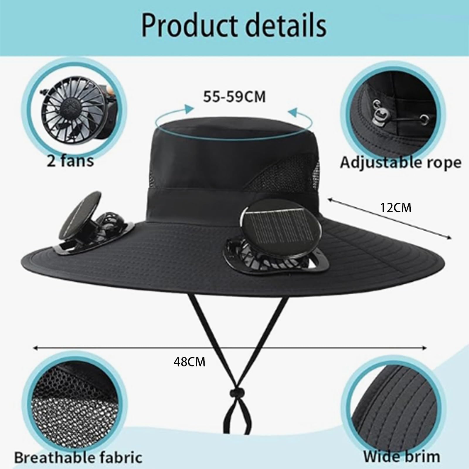 2 Solar Fan Sun Bucket Hat-Outdoor Wide Brim Sun Hat, Fishing Hat with Fan for Men, Waterproof Outdoor Camping Fishing Hat