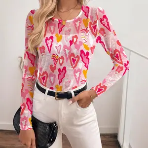 Women's Valentine Heart Printed Mesh Long Sleeve Sheer Slim Fit Crewneck Club Night Blouse