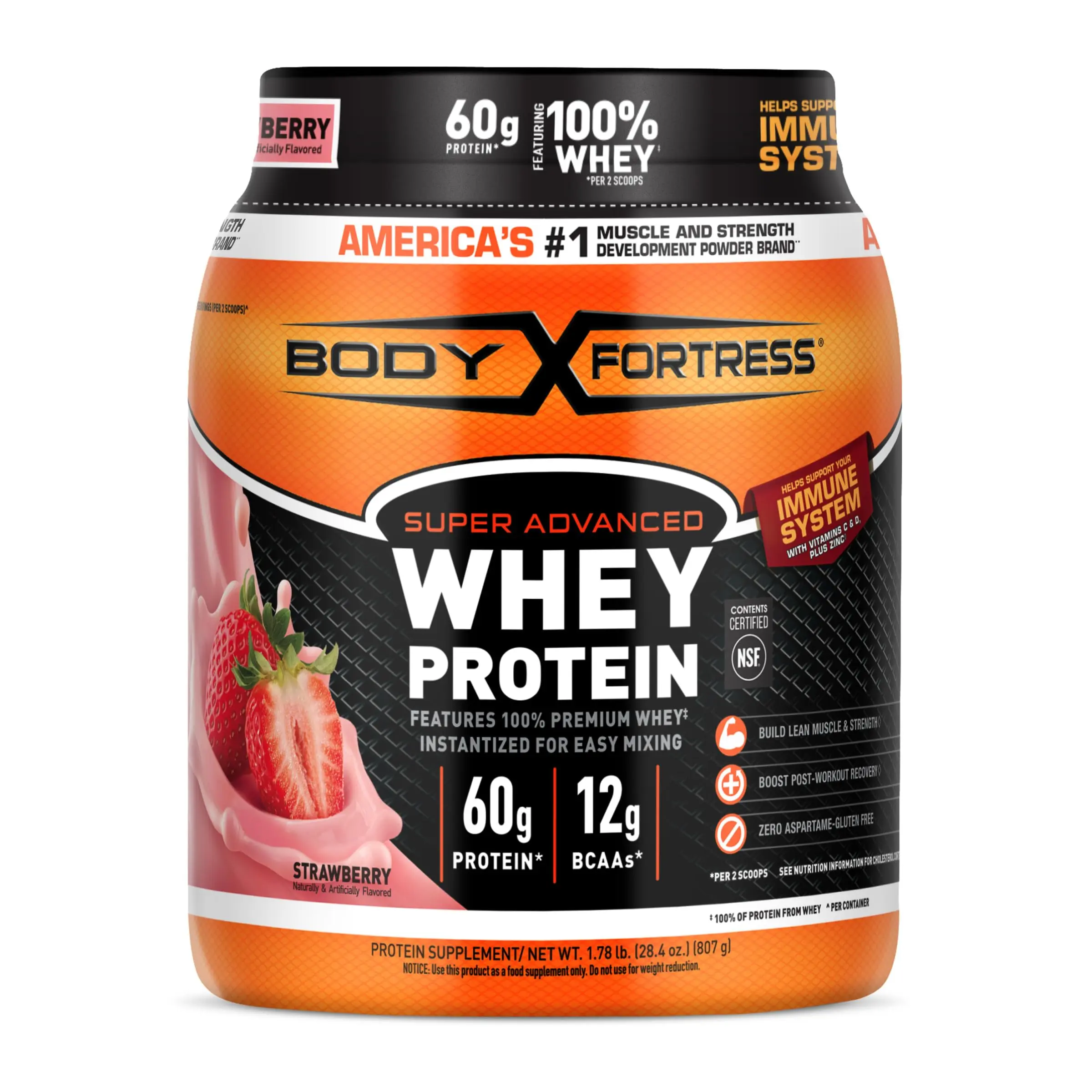 (A)Body Fortress Super Advanced Whey Protein Powder Strawberry – Immune Support with Vitamins C & D plus Zinc, Muscle Gain & Recovery, 1.78 lbs