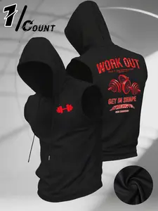 Men's Motivational Hooded Sleeveless Vest, Dumbbell Print Training Tank Top, Slim Muscle Fit, Breathable Mesh Fabric, Ideal for Weightlifting