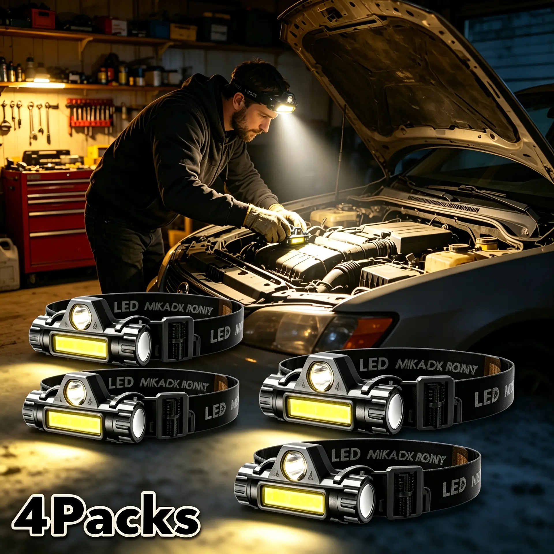 4-Pack COB LED Headlights, Rechargeable, Ultra Bright & Long-Lasting, Headband Design Helmet Light, Clip-On Headlight, Hands-Free Operation, Adjustable Magnetic Base, Suitable for Cycling, Hiking, Camping, Tactical Headlights campingessentials flashlight