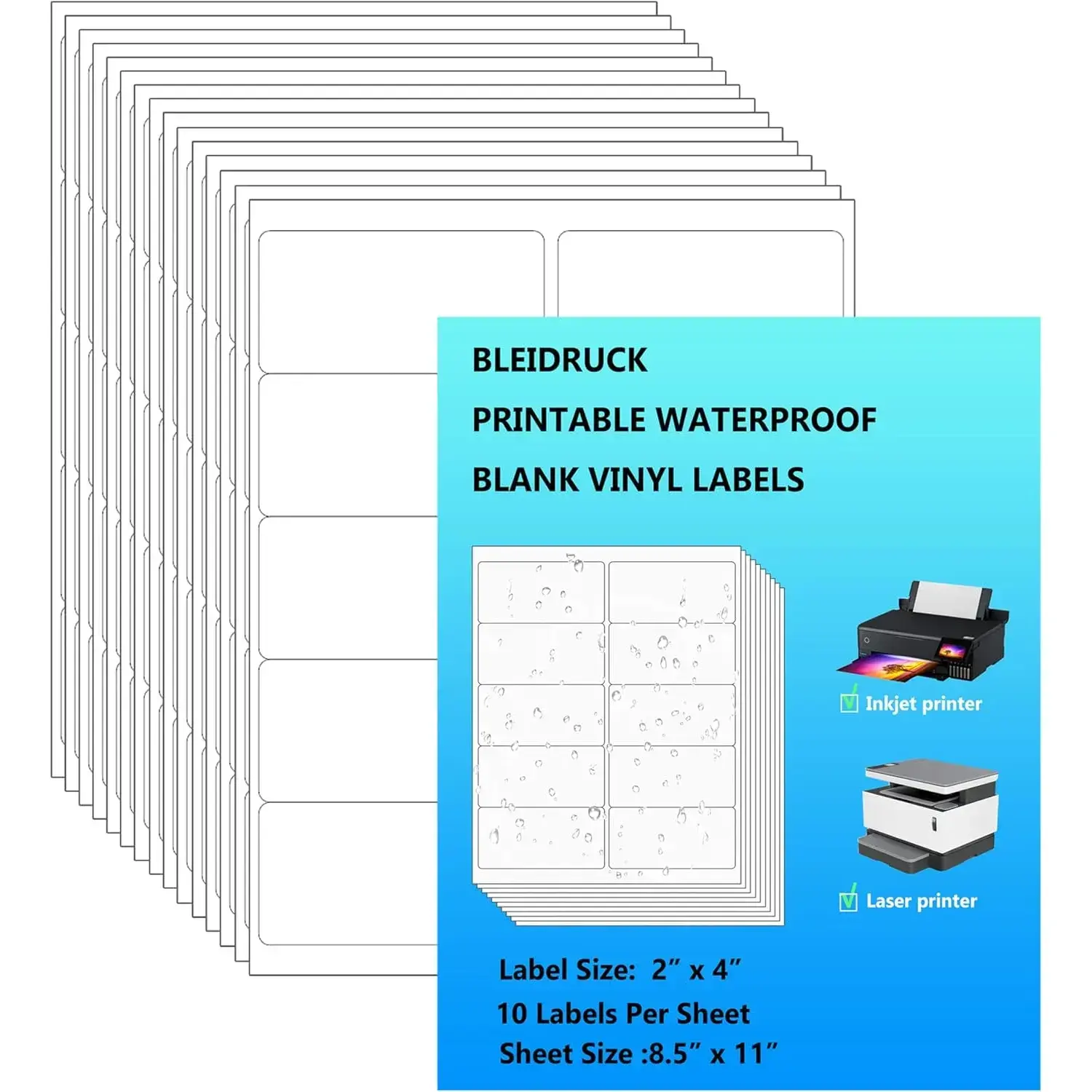 Glossy White Waterproof Vinyl Shipping Labels (2"×4"), 10-UP Printable Rectangle Adhesive Sticker Paper for Inkjet Printer, Laser Printer, 150 Total Labels for Home, Office Use, Glossy Finish, All Ages, Default Fit