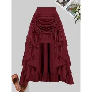 FrontPleatedGothicDarkSkirtWithElasticWaistCakeSkirtMediumLengthElegantWomenswearPolyesterRuffleEdgesSolidColorLooseStyle