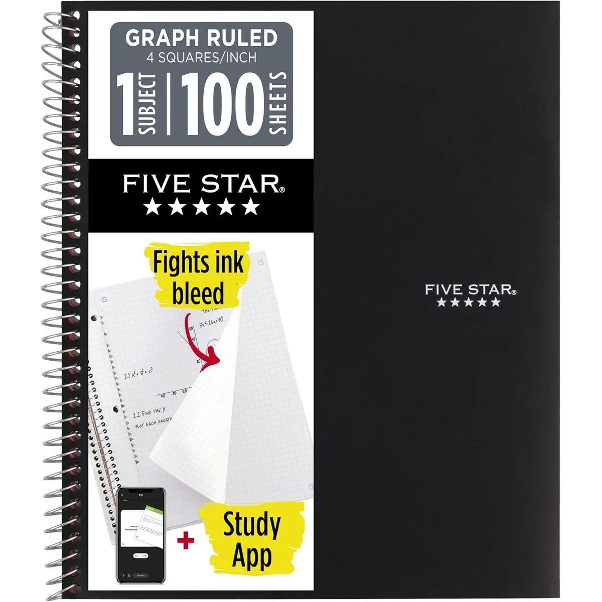 Spiral Notebook + Study App, 1 Subject, Graph Ruled Paper, 8-1/2" x 11", 100 Sheets, Fights Ink Bleed, Water Resistant Cover, Black (73679)