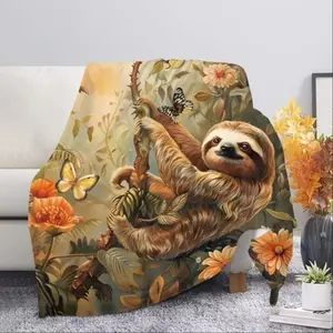 Sloth & Butterfly Pattern Blanket,  1 Count Soft and Comfortable Air-conditioned Room Throw, Warm Nap Blanket for Home, Office, Outdoor Camping, Floral Blanket