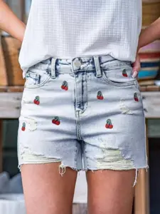 New Women's Jeans, Cherry Embroidery Ripped Casual Sexy Light Wash Denim Shorts, Trendy Fashionable Bottoms for Everyday Wear