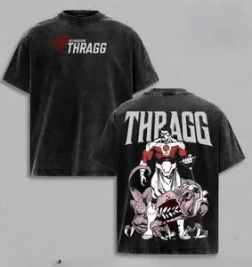 Retro Washed Thragg vs Alien Monster T-Shirt, Double-Sided Print Unisex Streetwear Tee, Loose Fit Casual Short Sleeve for Men & Women