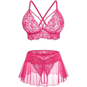 Sexy Lingerie for Women Naughty 3 Piece Lace Bralette, Mini Skirt with G-String Crotchless Lingerie Outfits