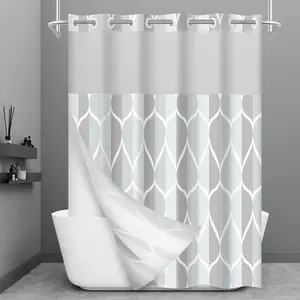 No Hook Shower with Snap-in Liner, Gray Geometric, Machine Washable & Waterproof Bath, 71x74 Inch