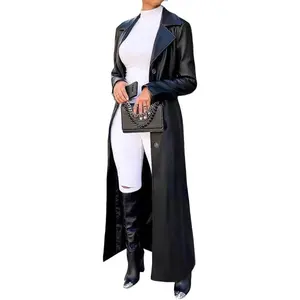 Women’s Faux Leather Long Trench Coat with Lapel Collar, Button-Front Closure, Maxi Length — Duster Jacket for Autumn and Winter