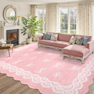 Washable Scalloped Area Rug for Living Room, Lace Bordered Bow Print Soft Nursery Rugs, Cute Aesthetic Non Slip Girls Bedroom Rugs Minimalist Low Pile Ultra Thin Floor Carpet for Dining Room Playroom