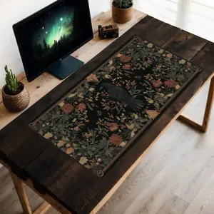 Raven Tapestry Desk Mat, Medieval Blackbird Desk Pad, Castle Decor Desk Topper, High Fantasy Mousepad, Crow, Trendy Cottagecore Wildflowers Mouse Mat, Gaming Setup Decor, Gamer Gift