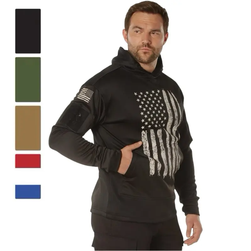 ROTHCO Men's Tactical Pullover Hoodie in Polyester with Distressed Flag Graphic, Concealed Carry Pocket and Thumbhole Cuffs, Fitted, Active-Duty, Crew Neck, Hidden Pocket, Kangaroo Pocket