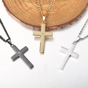 Hermah Cross Pendant Necklace Gold/Silver/Black Color Stainless Steel Bible Engraved Jewelry For Male Men Women Gift