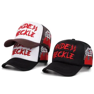 RUDE letter side skull hand embroidery Trucker hat for men Fashionable neutral style Mesh sunshade cap
