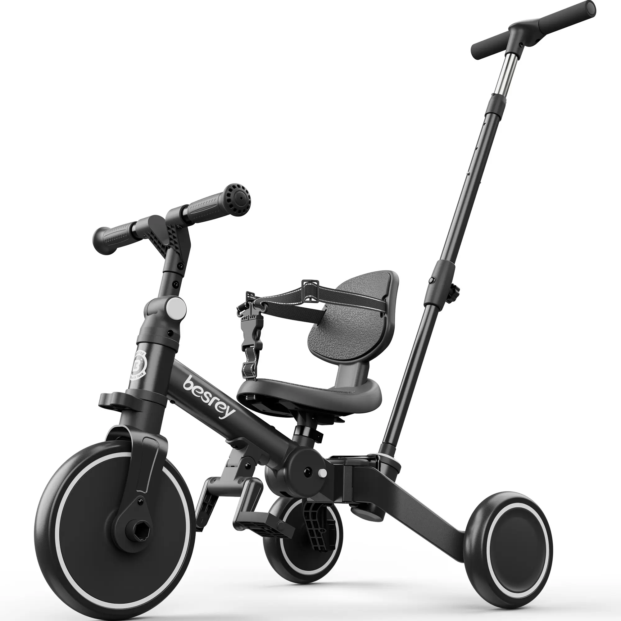 besrey 5 in 1 Toddler Bike for 1-3 Years Old with Parent Steering Push Push with Removable Pedals Height Adjustable Seat Foldable Kids Bike Toys Multifunction Tricycle