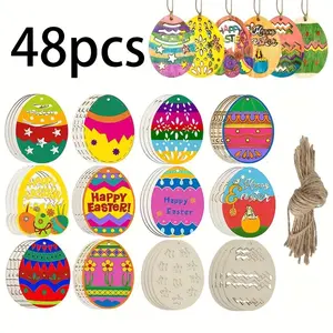 48pcs wooden Easter egg decoration pendant, uncolored blank wood pieces can be freely drawn, DIY craft pendant, with hemp rope, used for Easter holiday decoration and party use