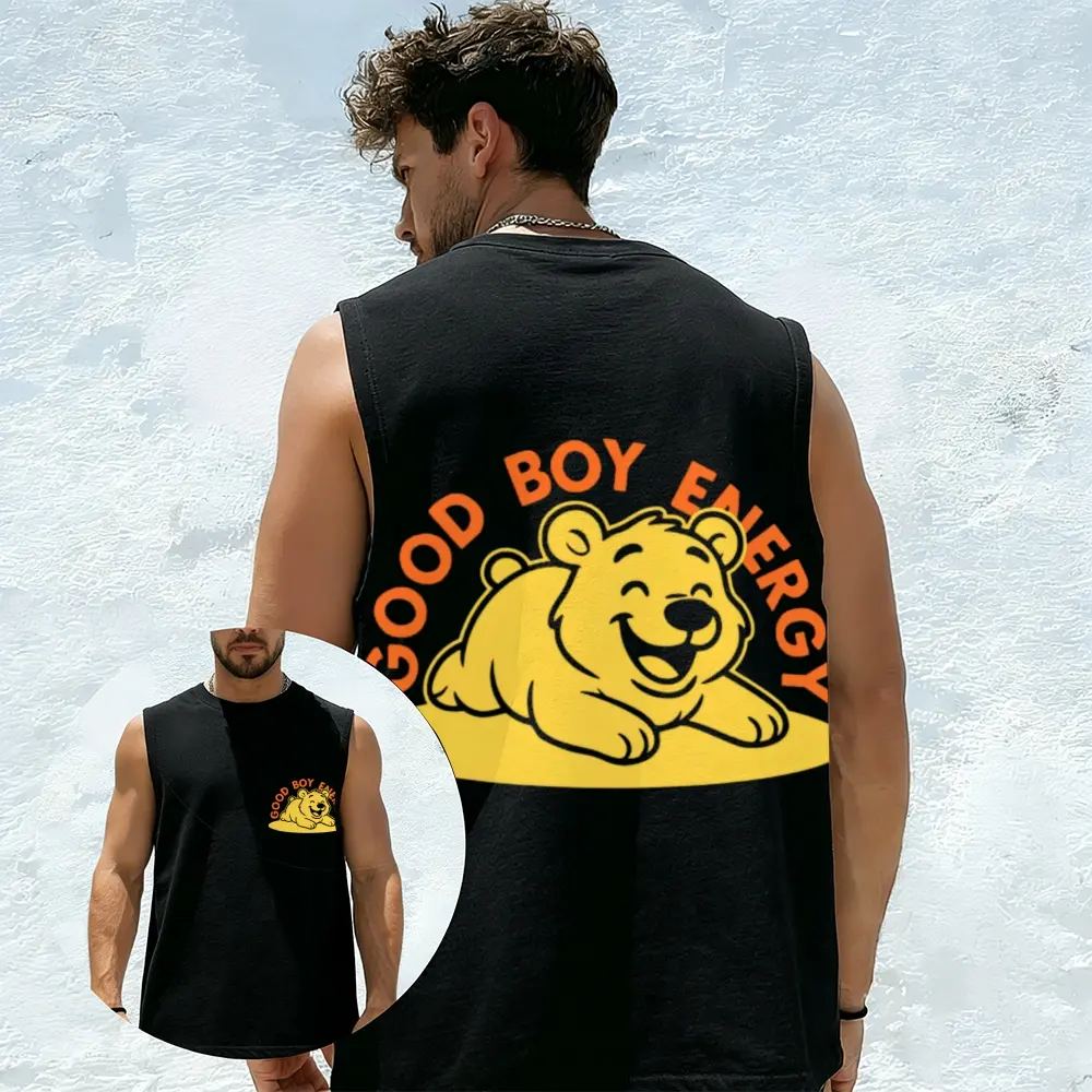 Men's Washed Cotton Sleeveless Tank Top, "Good Boy Energy" Cute Bear Graphic Muscle Shirt, Gay Bear Pride Casual Crewneck Streetwear Tee, Breathable Summer Vest