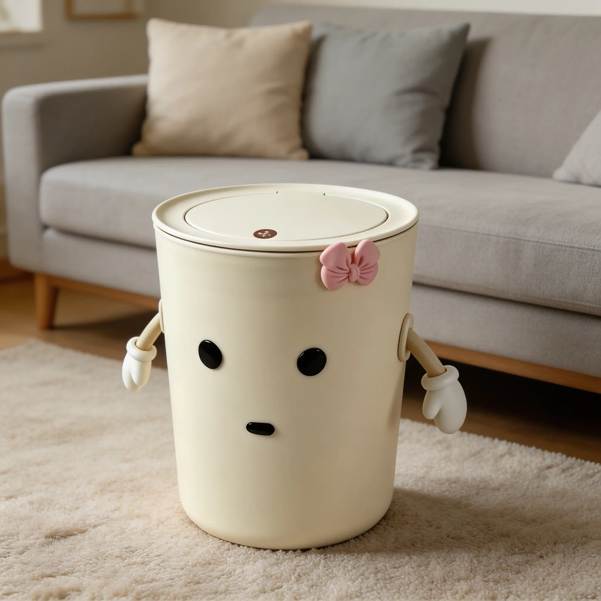 Cute Coquette Bow Press-Lid Round Trash Can with Movable Hands Decor, Kawaii Sealed Odor-Proof Waste Bin, Cream Aesthetic Garbage Bucket for Bedroom Vanity Household Storage Modern Slim Lidded Trash Can automatic space motion office nordic style