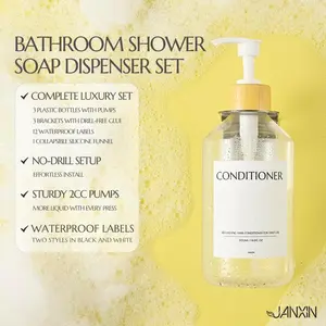 Shampoo and Conditioner Dispenser Set of 3 for Wall Mount,16.9 fl oz Drill Free Shower Soap Bottles with Labels,Refillable Body Wash Dispensers for Bathroom Decor (Clear Bottles+Bamboo Pumps)