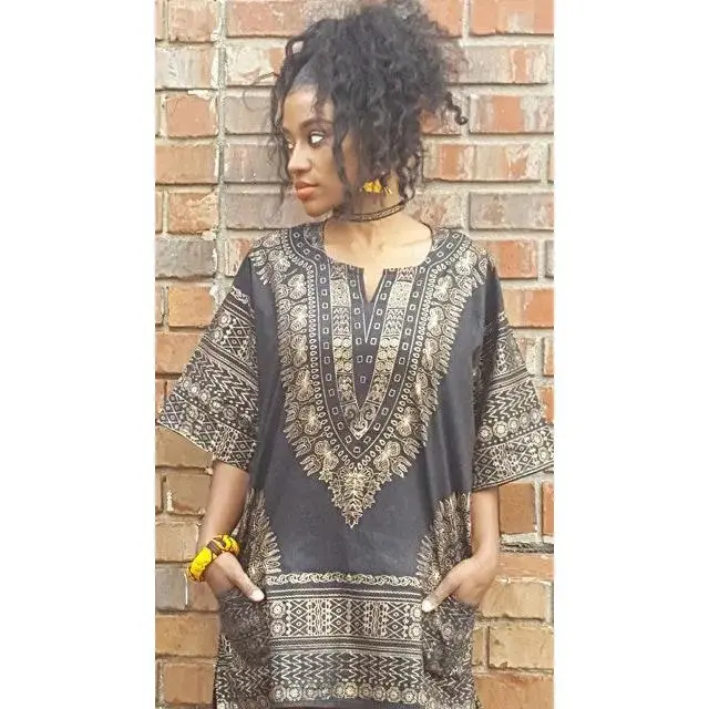 Black and Gold Traditional African Print Dashiki Shirt-DP3764W | African Fashion | Dupsie's