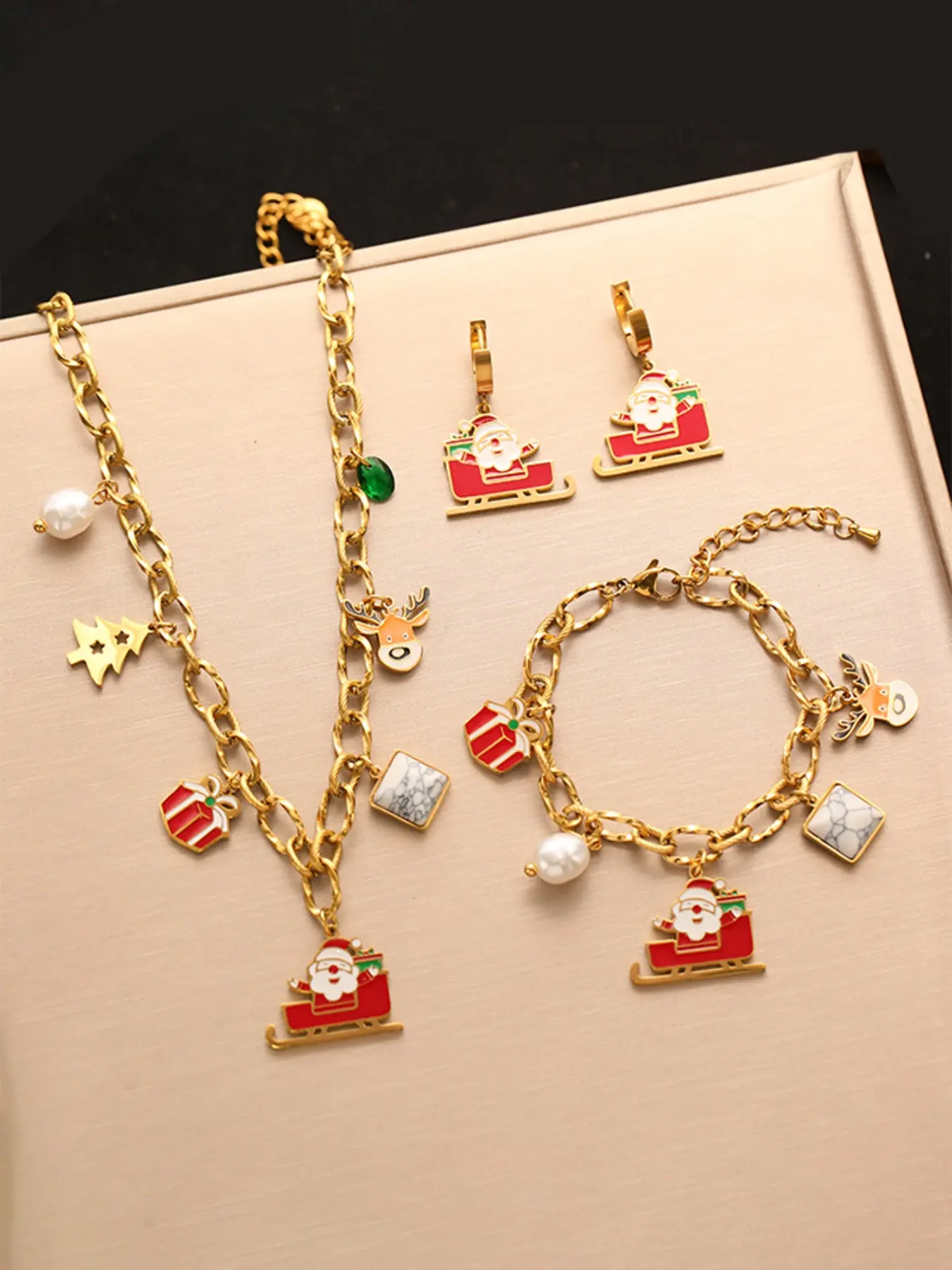 3Pcs Stainless Steel Christmas Snowman Sleigh Necklace Bracelets Earrings Set For Women New handmade Jewelry Holiday Gift