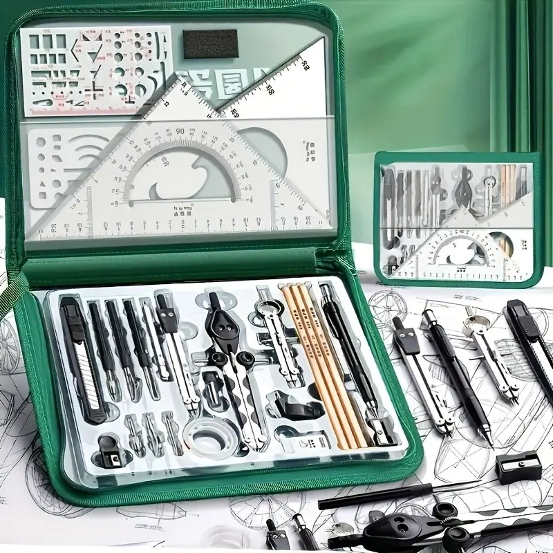 Advanced Drawing Tool Set, Stainless Steel Drawing Tools, Precision Geometry And CAD Tools, Multi-Purpose Set. Used for Educational And Architectural Sketches And Suitable for Students And Engineers