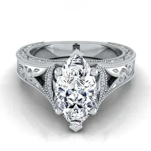 Hand-Engraved Milgrain Vintage Solitaire Marquise Engagement Ring Setting in Platinum