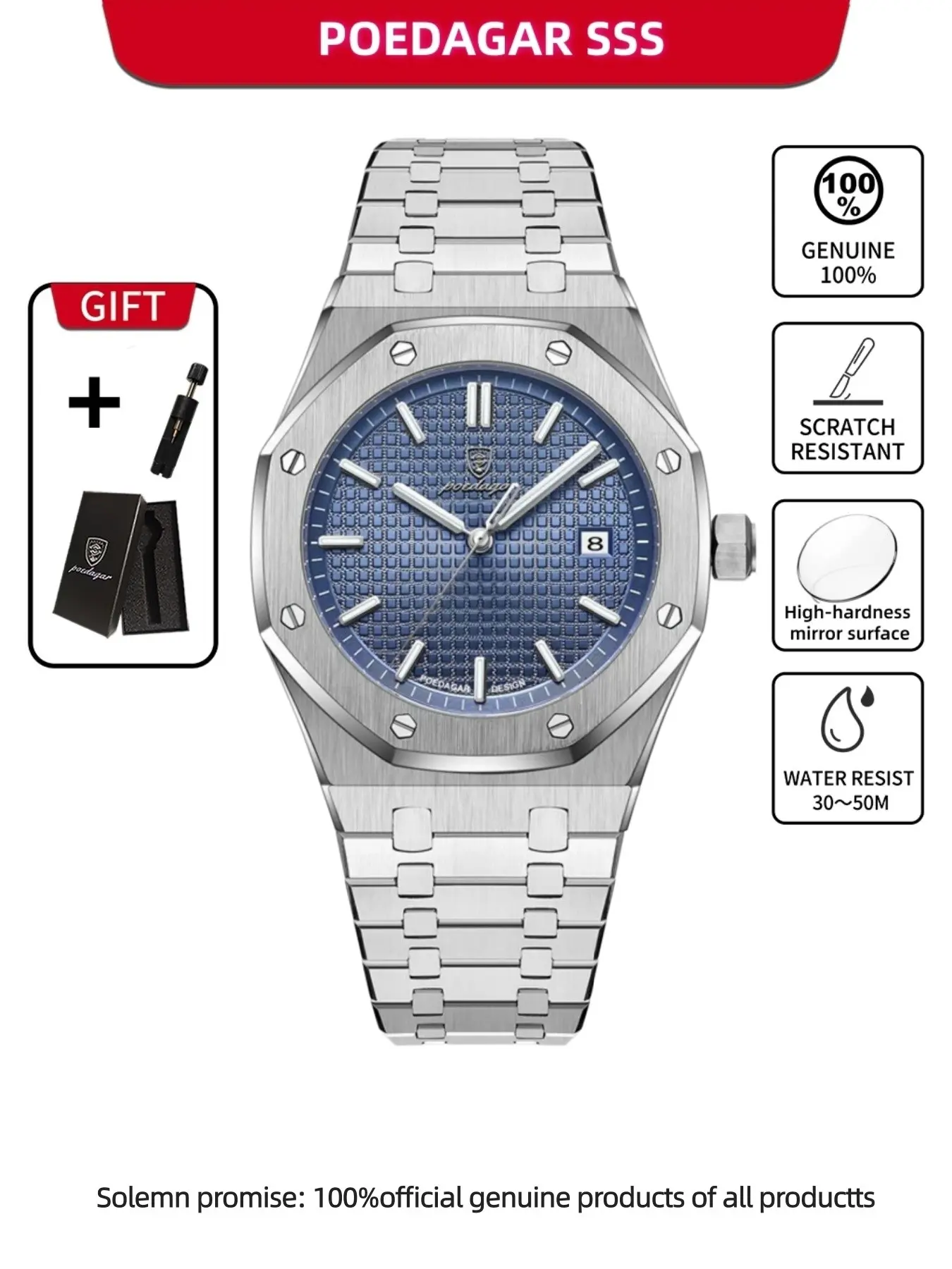 Poedagar luxury men's watch, High end watch, stainless steel quartz watch, Quartz Analog Watch, waterproof night light multifunctional, suitable for daily and date wear