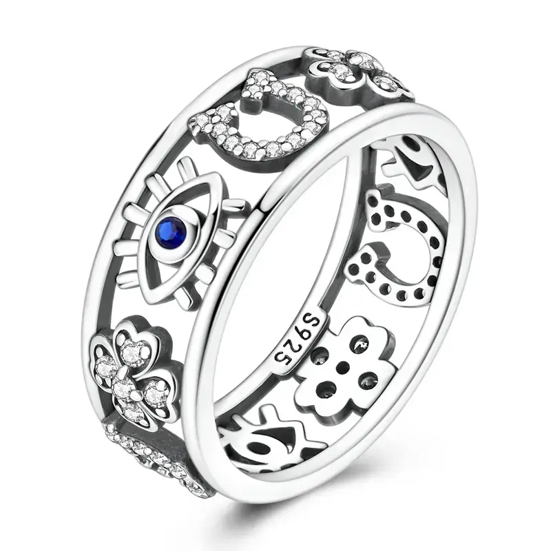 Silver-Plated Lucky Amulet Ring - Adorned with Evil Eye, 4-Leaf Clover, Horseshoe, Cubic Zirconia - Women's Costume Jewelry, Ideal Women's Gift, Jewelry For Women, Gifts For Women summerwins,summeroutfits,vacationoutfits,beachoutfits