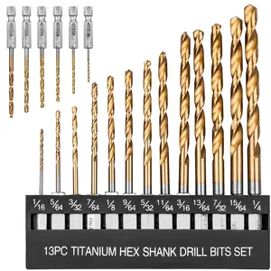 19 count Hex Shank Drill Bit Set, 1/16"-1/4" HSS Titanium Coated Twist Bits for Metal  Plastic, 4241 High Speed Steel Small Quick Change Drill Bits with Holder