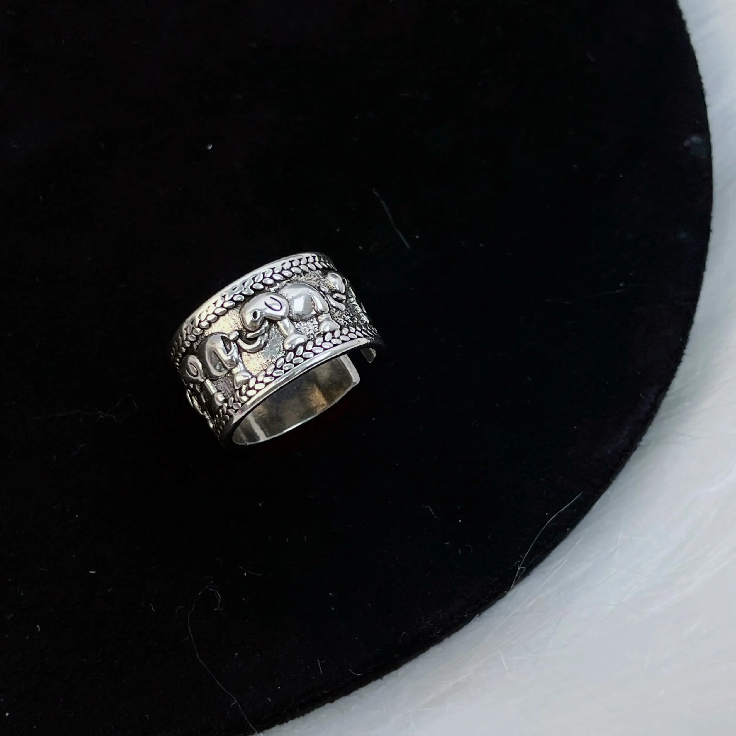 925 Sterling Silver Vintage-Style Wide-Band Elephant Ring — Oxidized Thai Silver "Herd of Elephants" Ring — Adjustable Open Ring for Women