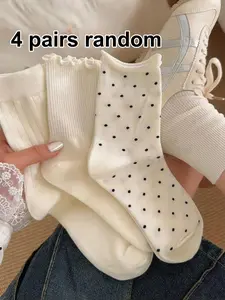Women's Crew Socks Set, New Cute Polka Dot Ruffle Mid-Calf Socks, Soft Comfortable Casual Style, Perfect for Daily Use Spring Summer
