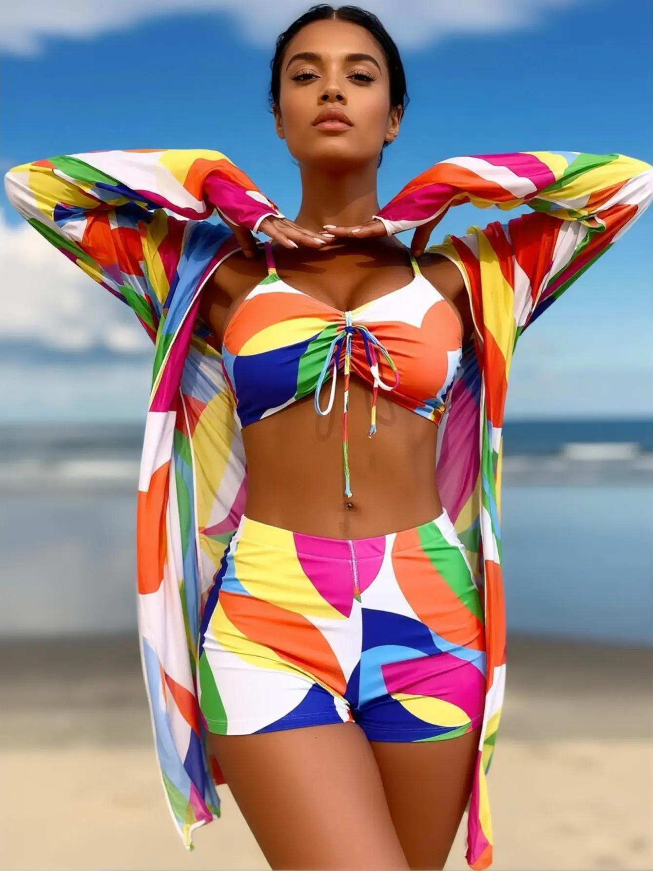 Women's Rainbow Geometric Print 3-Piece Swimsuit Set - Lace-Up Front Cropped Top, High-Waisted Shorts, Long-Sleeve Sun Protection Cover-Up - Ideal for Beach Vacations, Pool Parties