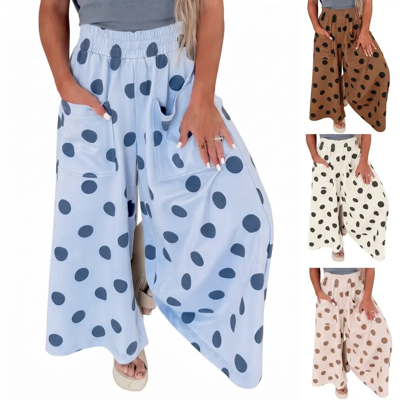 Women's Wide Leg Pants Casual Elastic High Waist Flowy Lounge Trousers with Pockets Polka Dot Bohemian