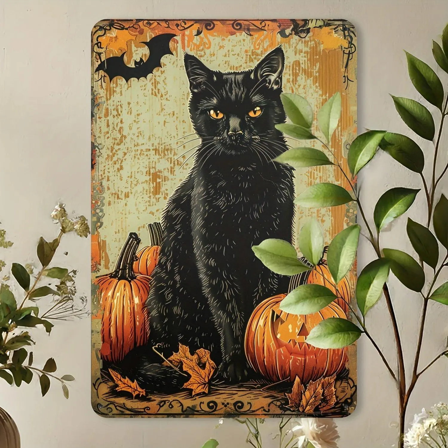 A Vintage Halloween Black Cat and Pumpkin Metal Tin Sign, 8x12 Inches, Suitable for Home, Bar, Cafe Holiday Wall Decor, Iron Craft